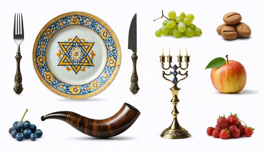 Traditional Jewish holiday items representing Passover, Hanukkah and Rosh Hashanah