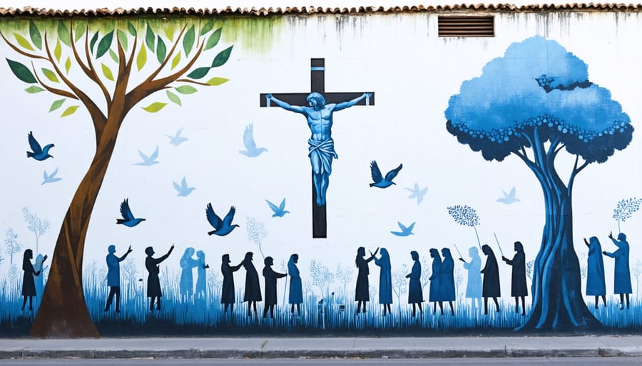 Colorful Latin American mural integrating biblical narratives with themes of liberation and social justice