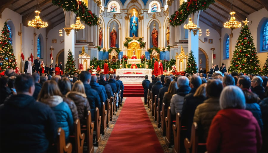 Congregation attending Christmas Eve Midnight Mass in a Québec church