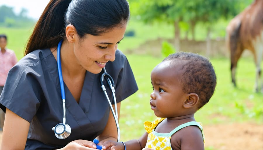 Humanitarian missionary providing medical care to a child in need