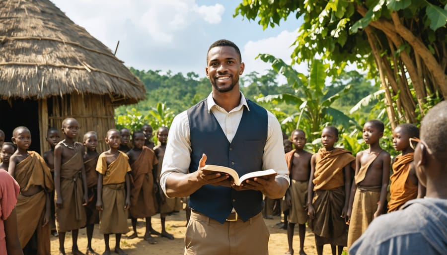 Evangelistic missionary sharing the Gospel with a group of villagers