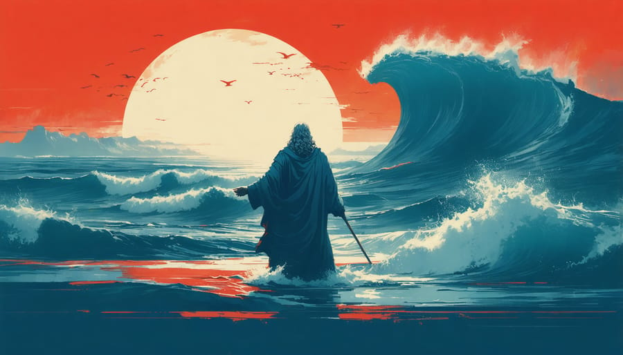 Dramatic illustration of Moses raising his staff to part the Red Sea, showing divine leadership