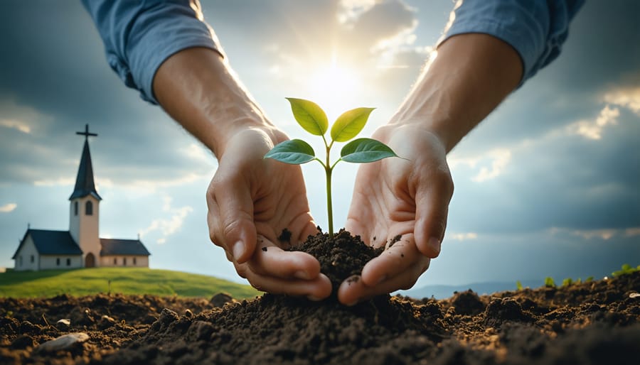 Hands nurturing a young plant, symbolizing Christian stewardship of God's creation