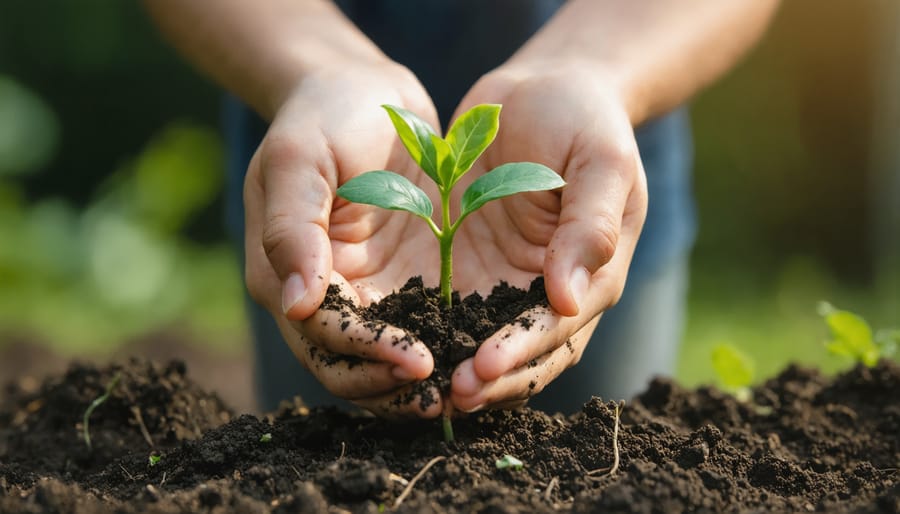 Hands gently holding a young sprout, symbolizing nurturing a growing faith