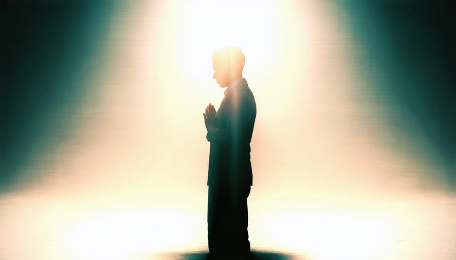 Silhouette of a praying person with divine light from above