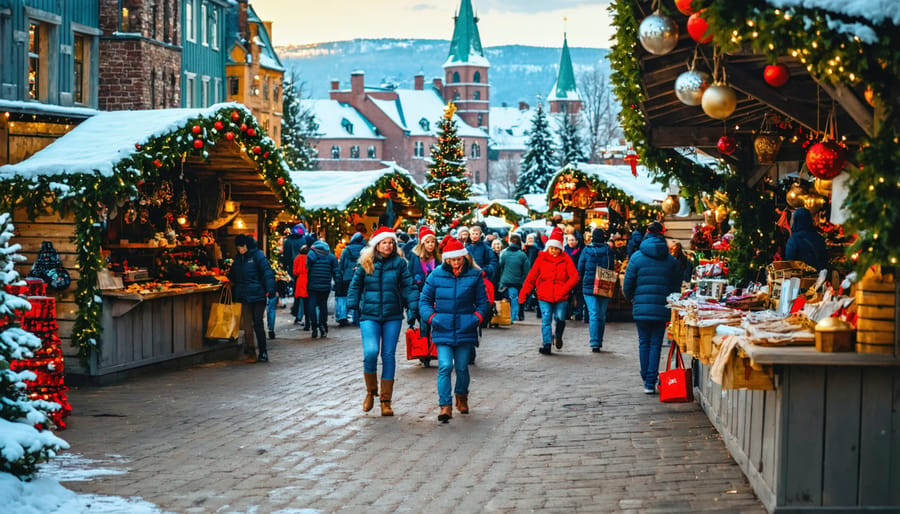 Lively Christmas market scene in Québec with people shopping and enjoying the festivities