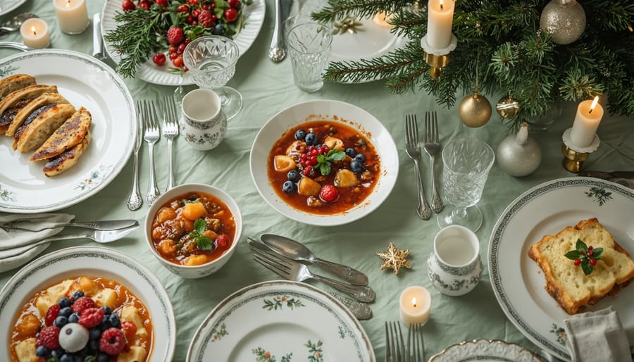 Traditional Québécois Christmas Eve feast with tourtière, ragoût de boulettes, and other dishes