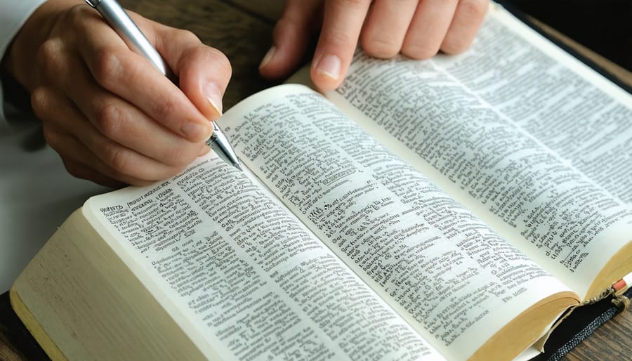 An individual deeply engaged in Bible study using several translations for comparison