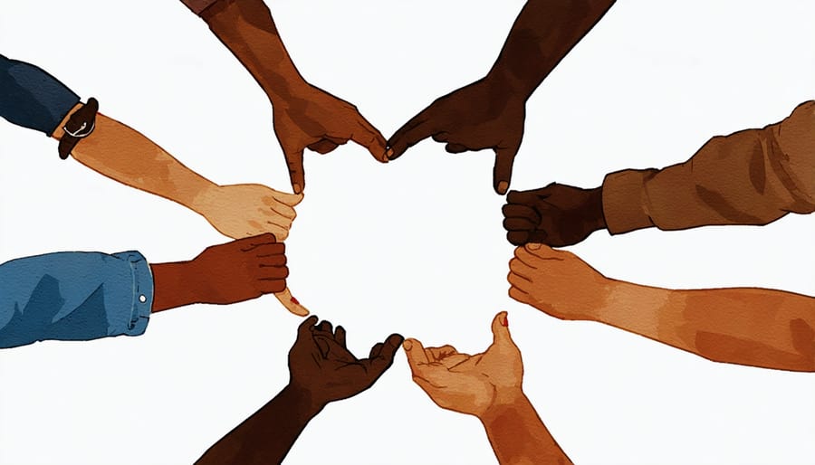 Multiethnic group joining hands in a circle, representing unity and reconciliation