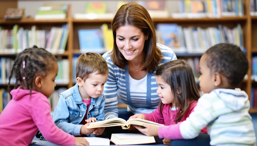 Adult volunteer engaging with and reading to children in a library setting