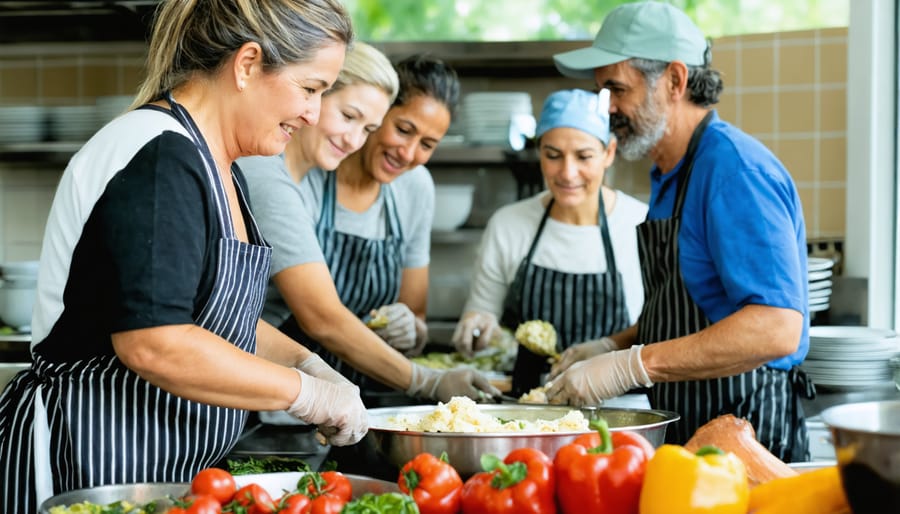 Volunteers of various ages and backgrounds serving meals to those in need