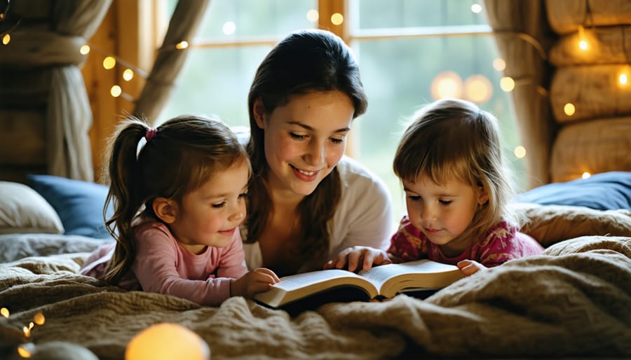 Mother or father sitting on child's bed reading from children's Bible with kids snuggled close