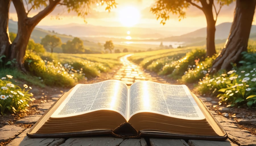 Open Bible with sunlight streaming through pages and a path ahead