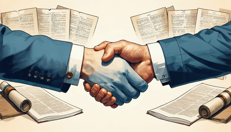 Biblical and modern trade principles illustrated through a business handshake