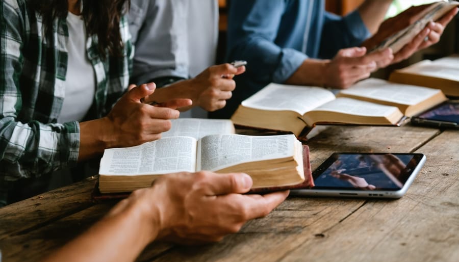 Students applying biblical language skills in a group study setting