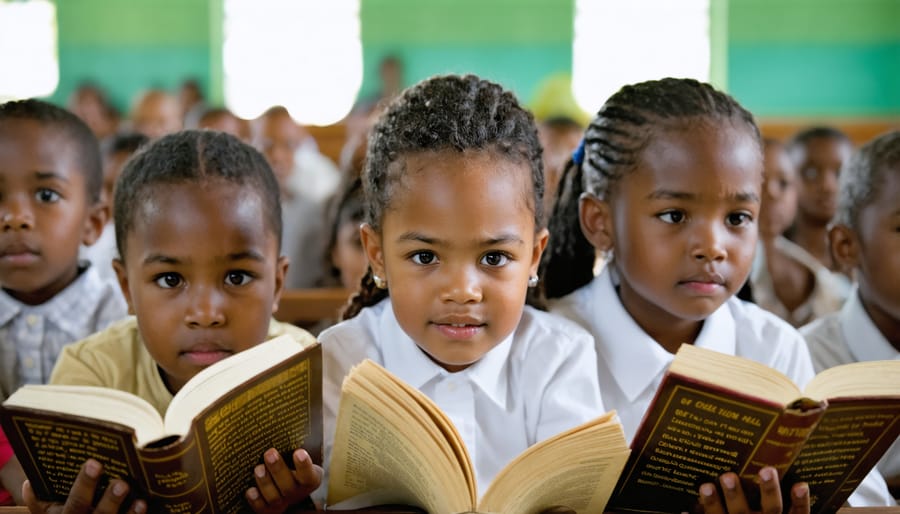 Historical photograph of African American children attending Sunday school, seated at wooden desks with Bibles