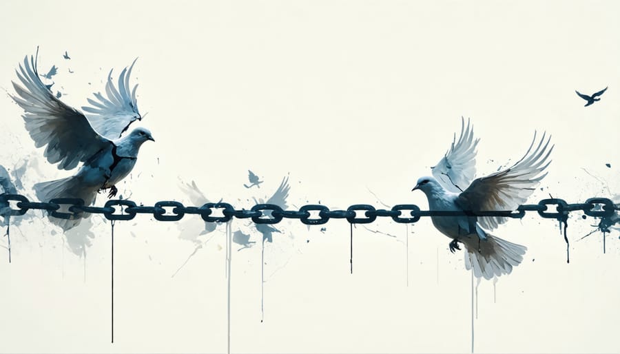 Symbolic image of broken chains transforming into flying doves representing spiritual freedom