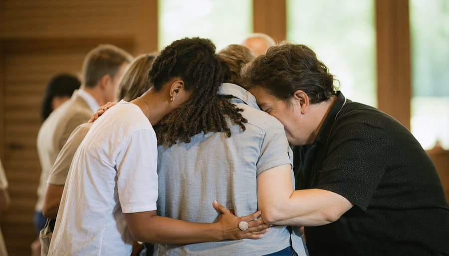 Christian community members supporting each other in a group setting