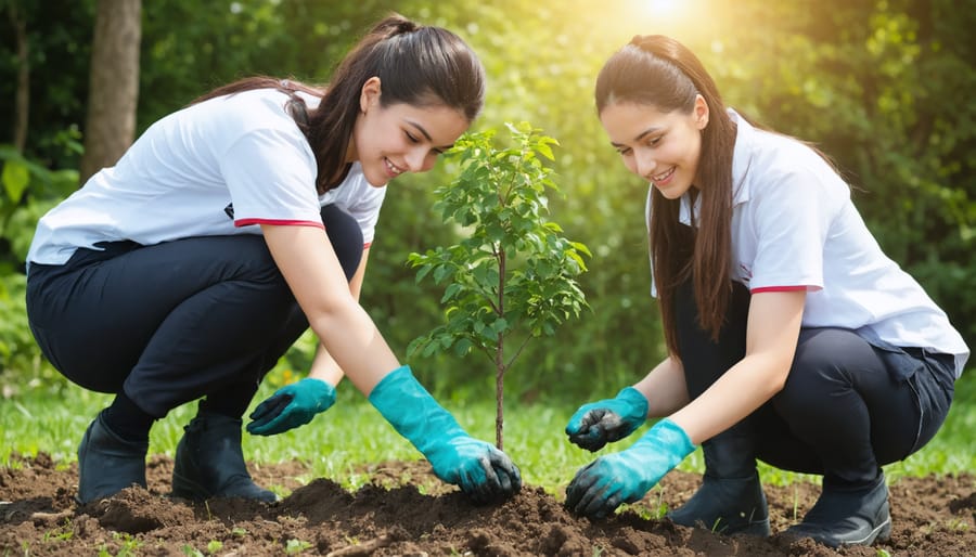 Group of diverse Christians working together to plant trees and tend to a community garden