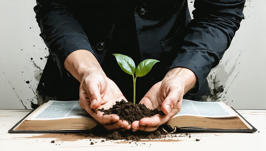 Hands holding soil and a growing plant with Bible in background, symbolizing Christian stewardship of creation