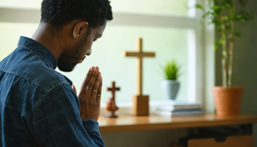 Person praying in a modern therapy office with Christian elements