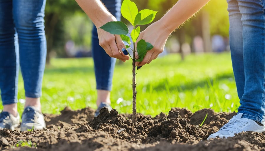 Diverse group of church members working together to plant trees in their community