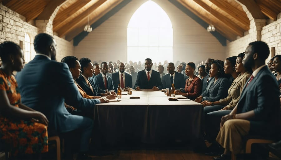 Historical photograph of civil rights activists meeting inside a church sanctuary, planning and organizing