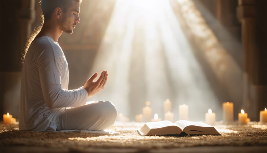 Christian practicing contemplative prayer with Bible in peaceful chapel setting