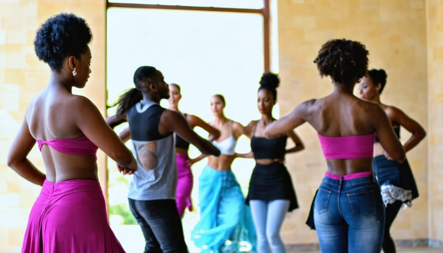 Multi-ethnic dance ministry team practicing choreography in church sanctuary