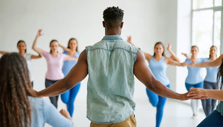 Dance ministry leader demonstrating movements to a group of students