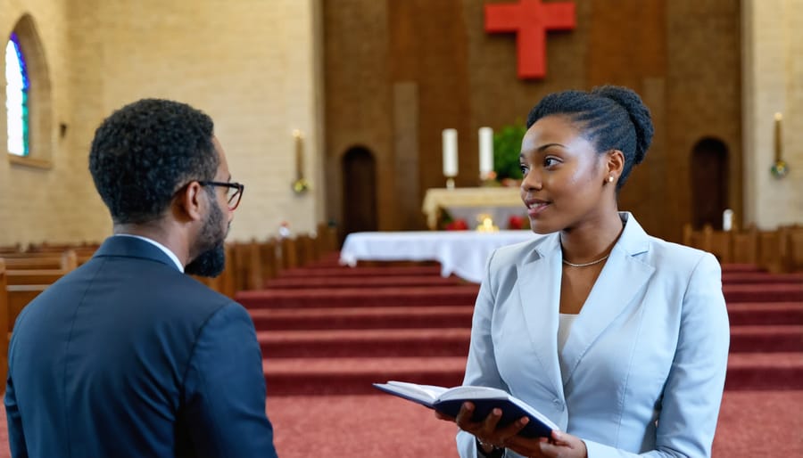 Christian mediation session with two individuals and a facilitator