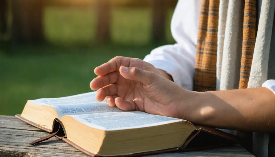 Individual engaged in peaceful prayer and Bible study in a sunlit room