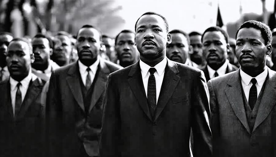 Martin Luther King Jr. and other civil rights leaders marching while holding hands in prayer