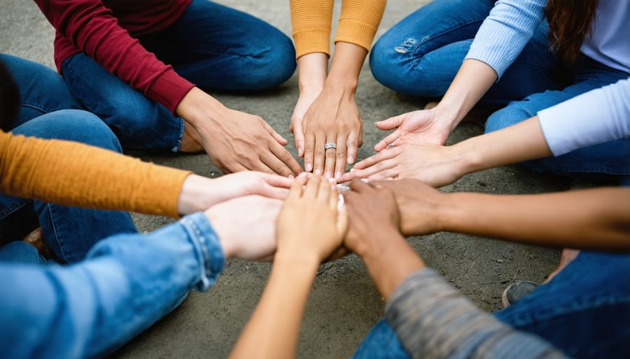 Multi-ethnic faith community members praying together in a circle