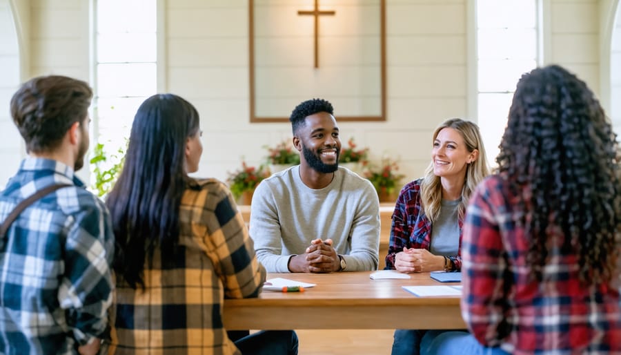 Faith community members engaged in supportive small group discussion