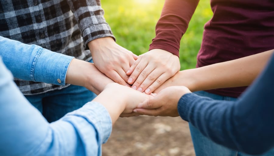 Diverse group of people forming a prayer circle in a church setting