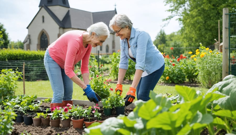 Parents and children working together in a garden with church spire visible