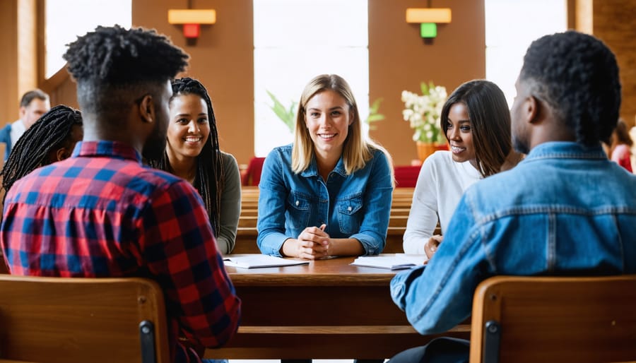 Church members sitting in a circle during a mental health support group meeting