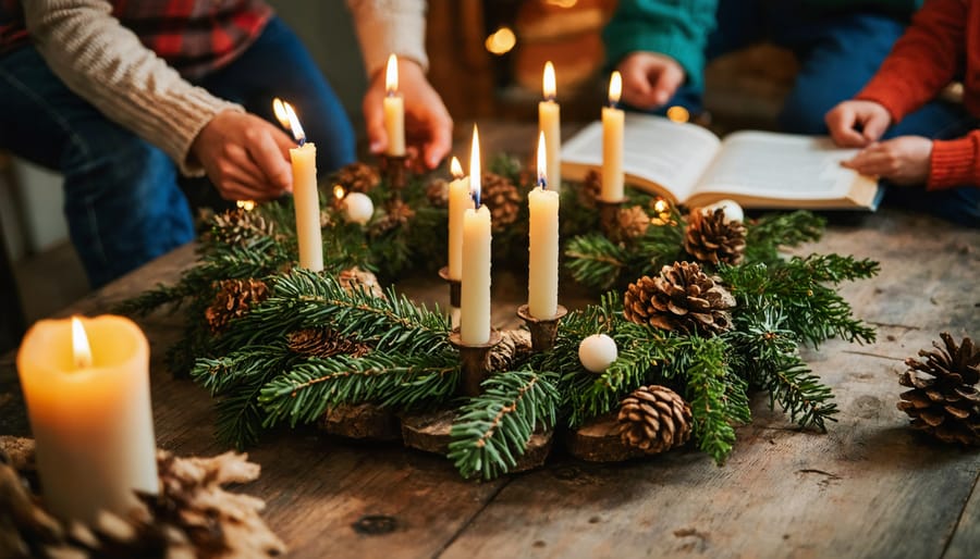 Parents and children reading the Bible together beside a lit Advent wreath during evening devotional time