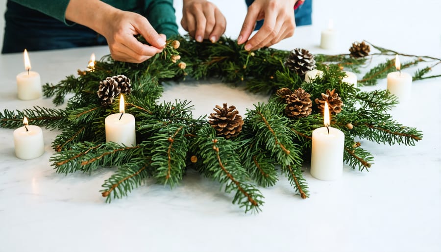 Parents and children working together to create an Advent wreath with candles and greenery