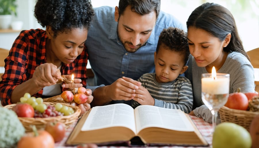 Christian family engaged in evening devotional time around dinner table