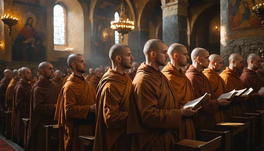 Group of Benedictine monks singing Gregorian chant in traditional robes within a stone monastery