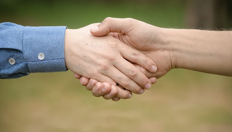 Two people holding hands in a gesture of forgiveness and reconciliation