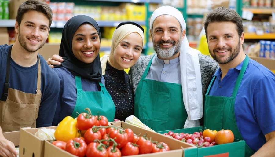 Multi-faith volunteers sorting food donations at a community food bank