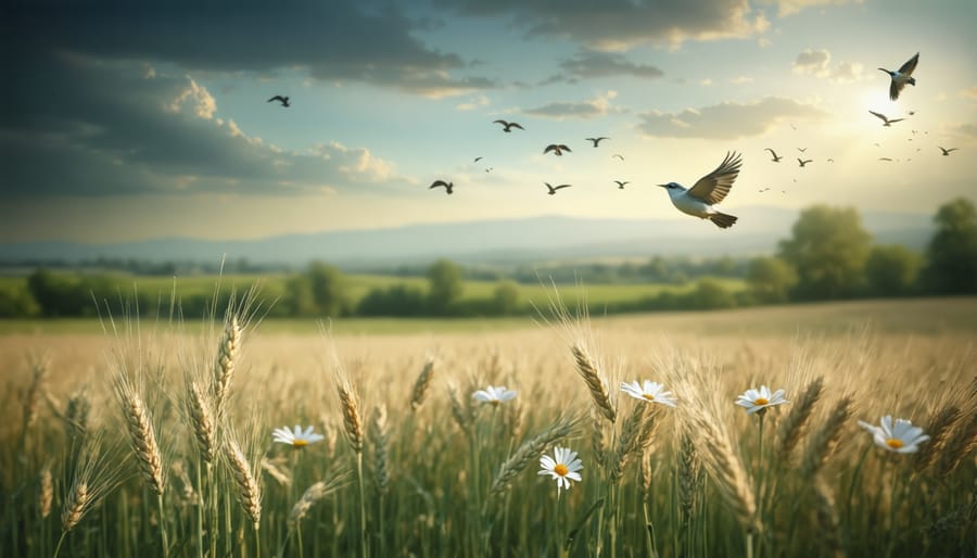 Natural landscape featuring lilies of the field, birds, and golden wheat representing Jesus's teachings