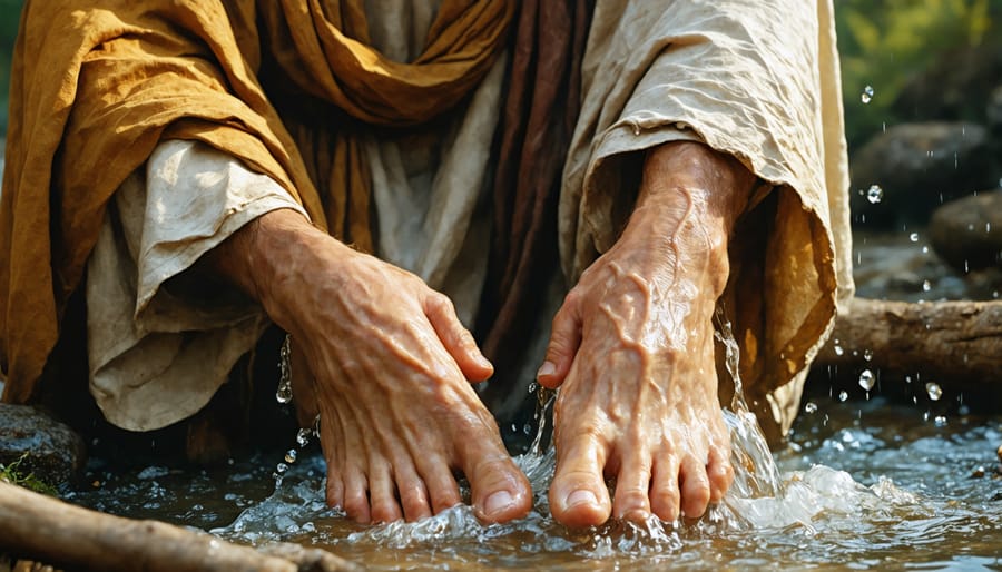 Artistic depiction of Jesus Christ washing his disciples' feet as an example of selfless service