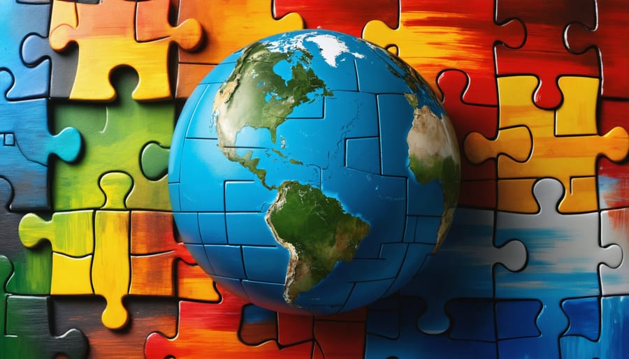 Global economic integration with spiritual elements shown through connected puzzle pieces