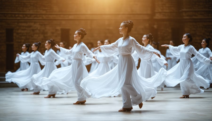 Liturgical dancers in white robes expressing worship through choreographed movement