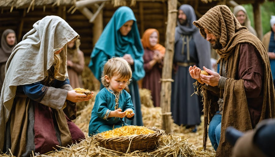 Live nativity scene with costumed participants portraying Mary, Joseph, shepherds, and wise men around a manger