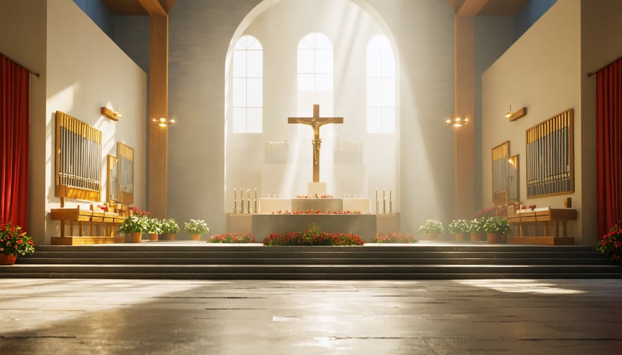 Contemporary Catholic mass showing traditional vestments, incense, and sacred music performance